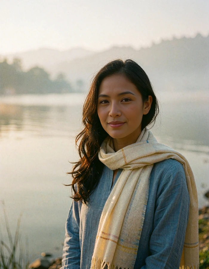 Nepali woman in a soft blue tunic and pashmina shawl beside Phewa Lake in Pokhara