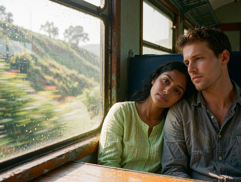 South Asian woman resting her head on the shoulder of a Western man beside a train window with green hills