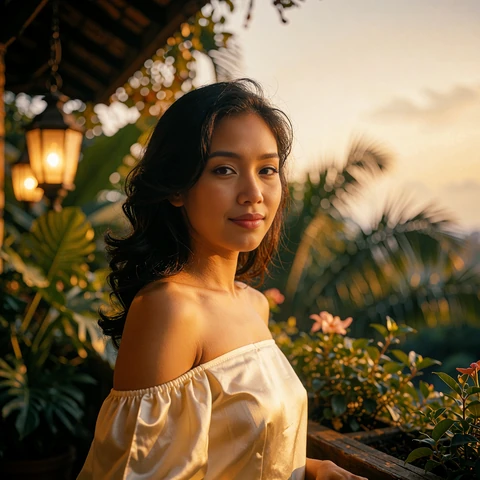 Elegant Filipina woman smiling on an open terrace with tropical greenery and evening lanterns behind her