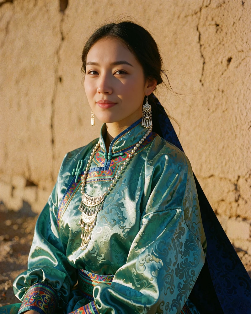 Mongolian woman in a teal silk deel with fine silver jewelry against a sunlit adobe wall