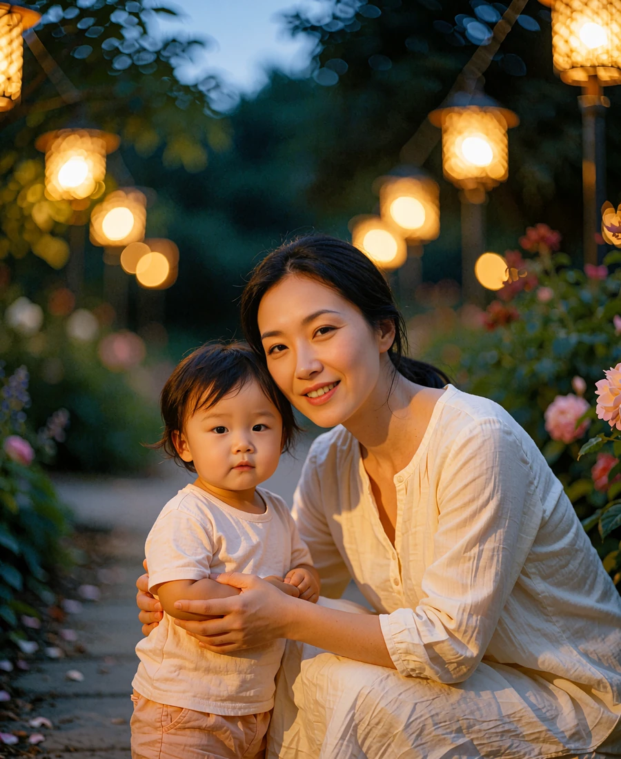 Mother in a cream tunic crouching beside her toddler on a lantern-lit garden path, both smiling toward the camera