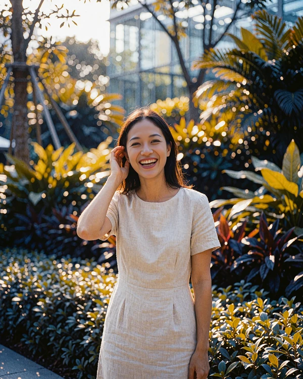 Cheerful Singaporean woman in a light linen dress laughing in a lush landscaped city garden