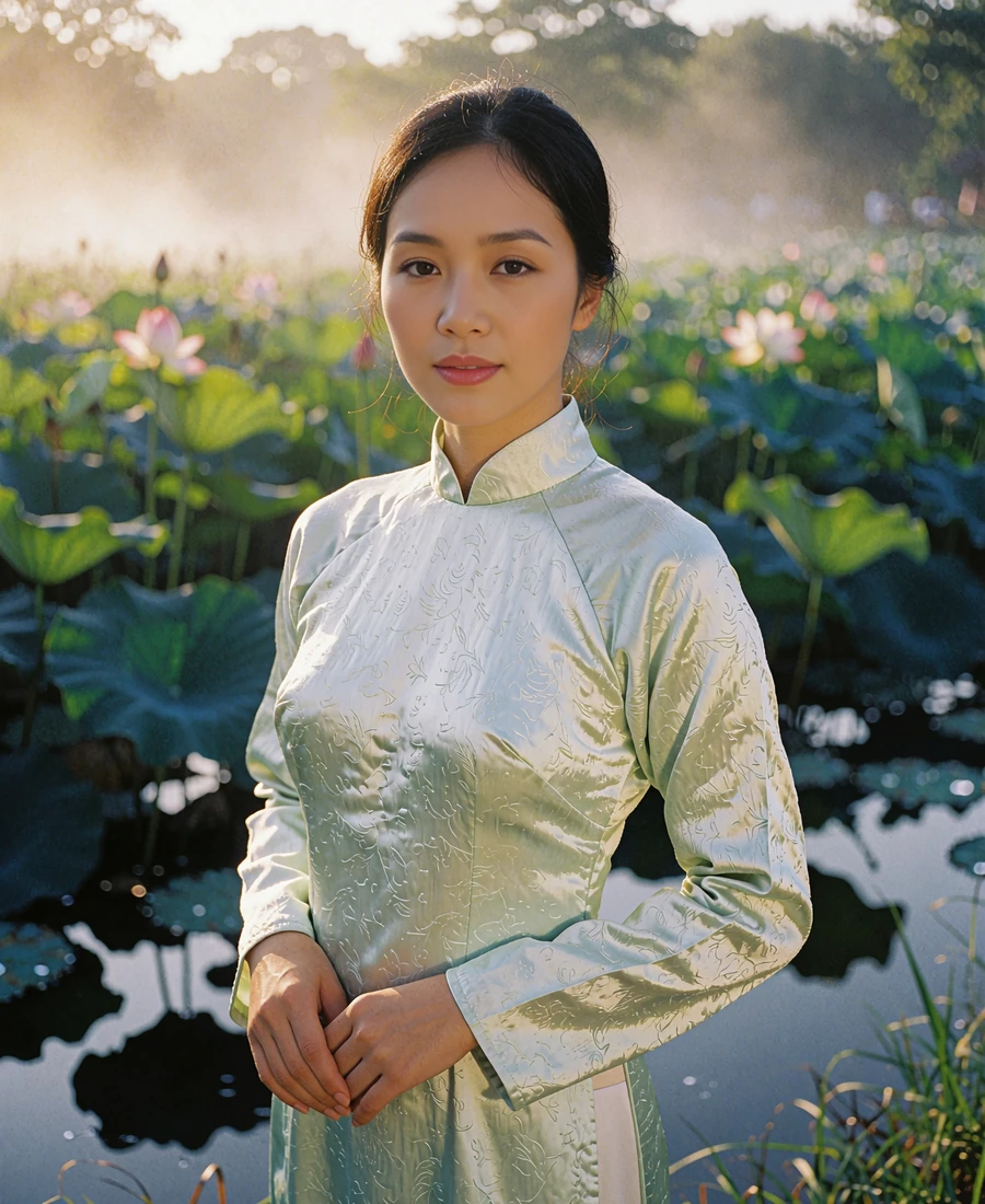 Vietnamese woman in a pale jade silk ao dai standing beside a still lotus pond in soft morning light