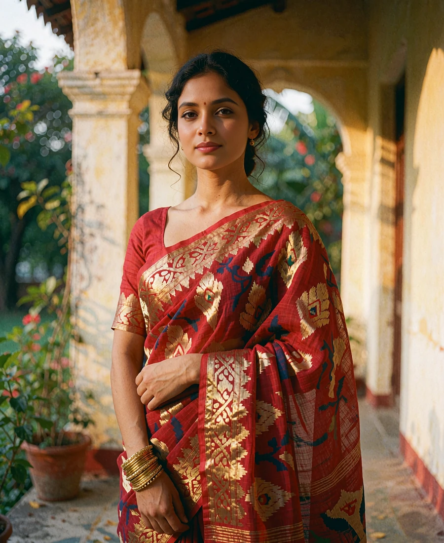 Bangladeshi woman in a deep red jamdani saree with gold motifs on a sunlit veranda