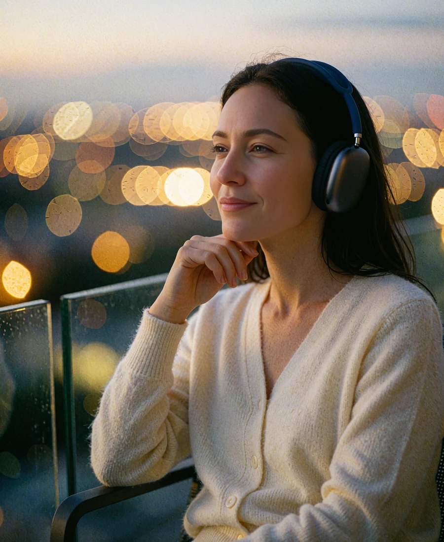 Poised Japanese woman in headphones and an ivory cardigan listening with a soft smile on a high-rise balcony at dusk