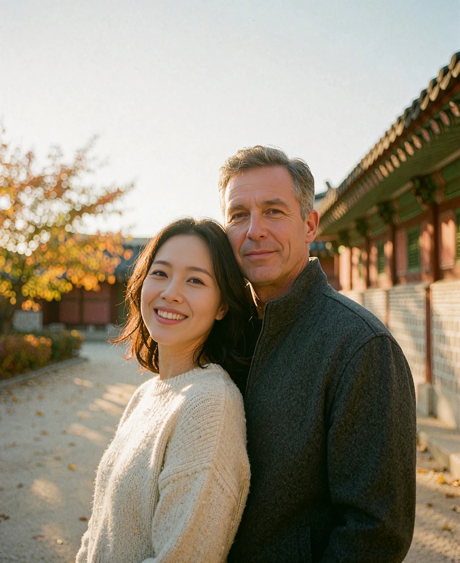 Korean woman in a cream coat leaning against a Western man on a quiet palace pathway in late afternoon light