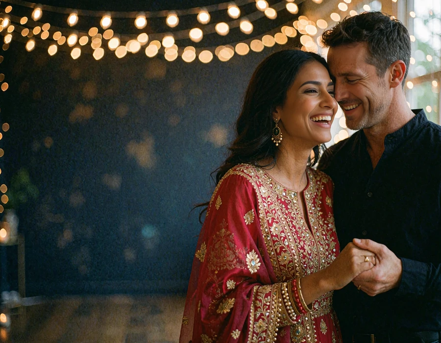 Indian woman in a crimson gold-embroidered outfit laughing with a Western man beneath festival lights in a courtyard