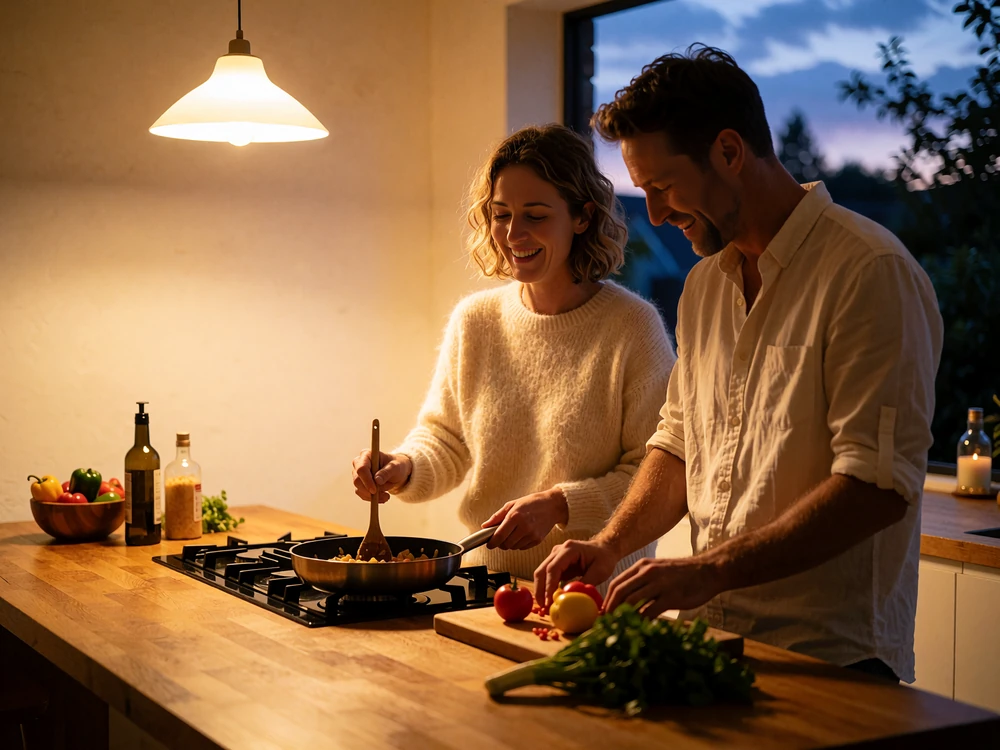 Asian woman and a man laughing together while cooking at a wooden kitchen island in the evening