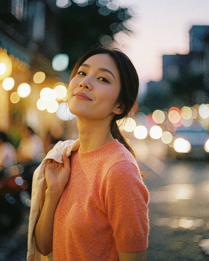 Taiwanese woman in a coral knit top smiling at the quiet edge of an evening street with warm bokeh lights behind her