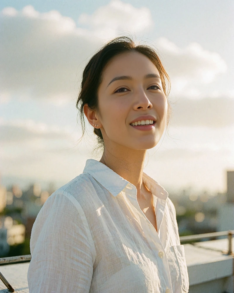 Taiwanese woman in a white linen shirt smiling on a bright rooftop terrace overlooking a hazy skyline