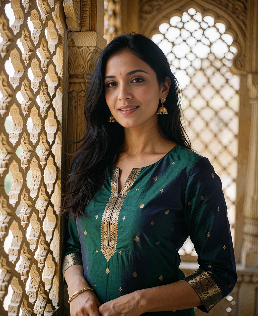 Indian woman in an emerald silk kurta with gold border work standing beside a carved stone haveli window