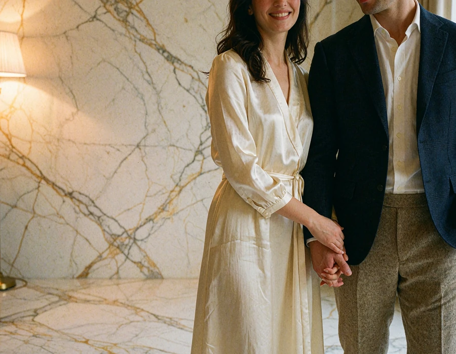 Turkmen woman in an ivory dress and a Western man holding hands in a marble hotel lobby