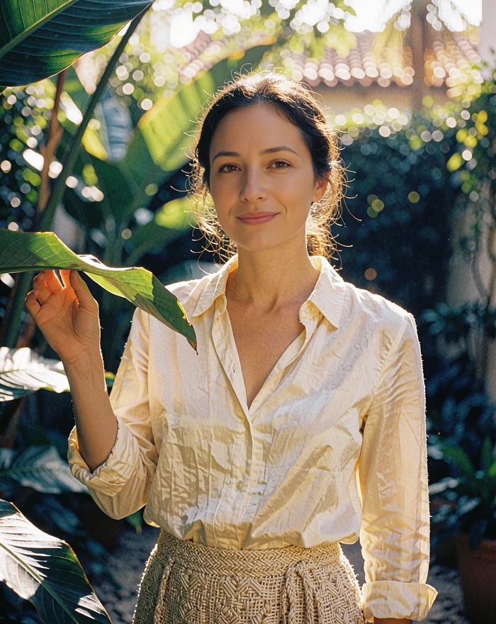 Myanmar woman in a cream cotton blouse standing in a sunlit garden courtyard among tropical leaves