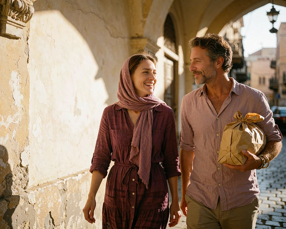 Afghan woman in a plum-coloured dress walking beside a Western man along a sunlit street of an old quarter