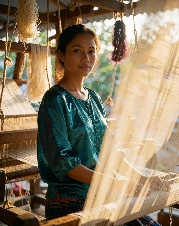 Cambodian woman in a teal silk blouse standing in a sunlit weaving workshop