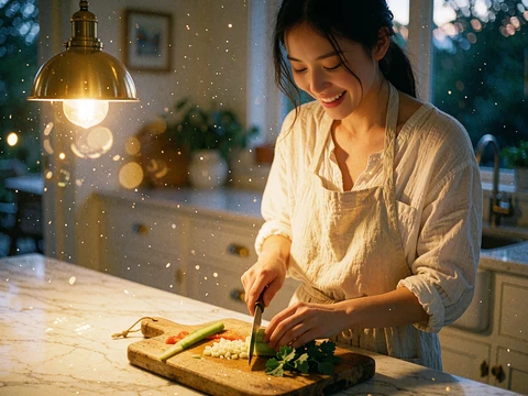 Young Asian woman laughing while slicing vegetables at a warmly lit kitchen island