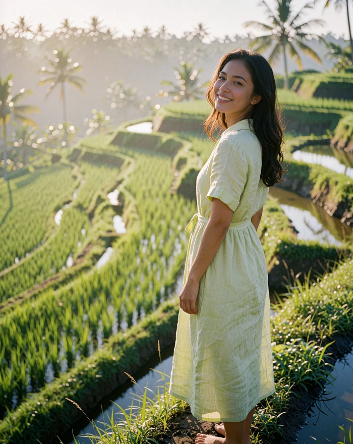 Indonesian woman in a light green linen dress standing at the edge of a terraced hillside in morning light