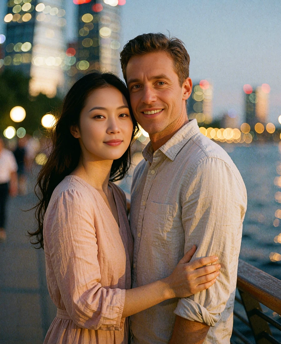 Elegant Asian woman in a blush linen dress standing close beside a Western man on a riverside promenade at dusk, both smiling
