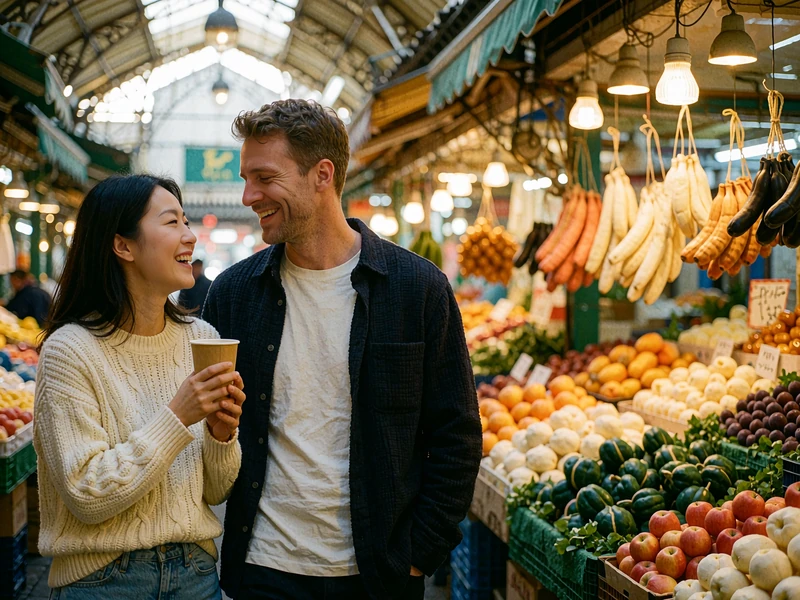 Korean woman and a Western man sharing tea and laughing together while walking through a covered market lane