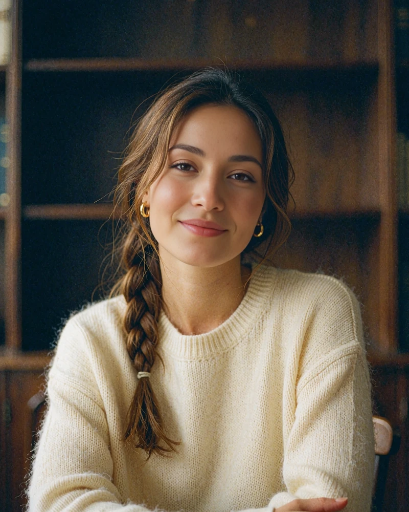 Kyrgyz woman in an ivory sweater with a loose braid smiling in a quiet reading room