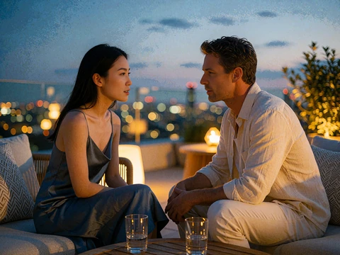 Couple in serious warm conversation on a rooftop lounge at dusk while planning their future together