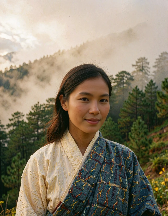 Bhutanese woman in a slate blue weave and cream blouse on a misty pine forest slope