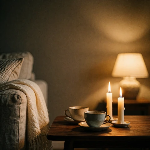 Two lit taper candles and ceramic teacups arranged on a low walnut table in a warm living room