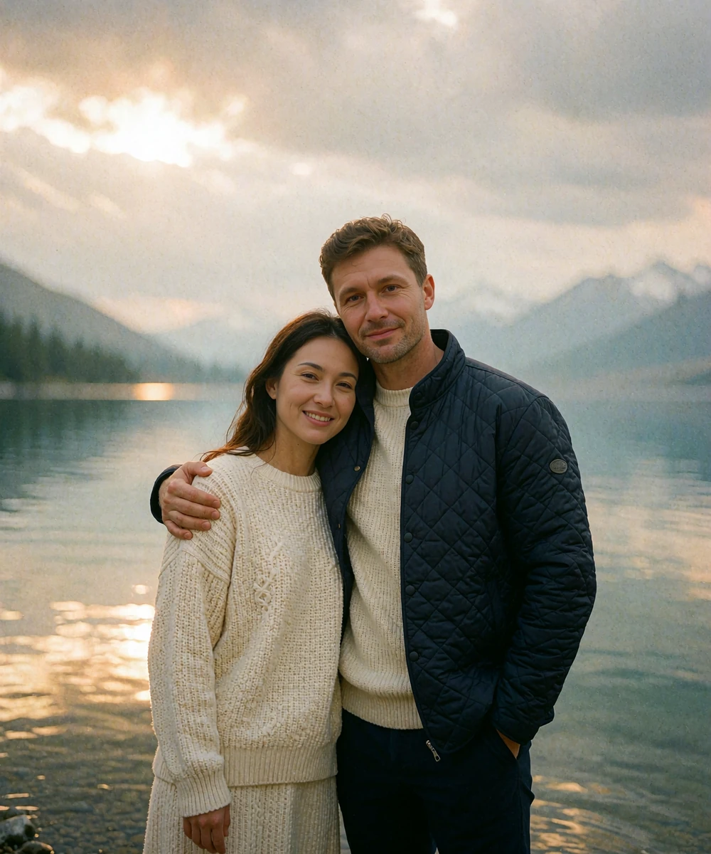 Couple standing together at a calm mountain lakeshore, a Kyrgyz woman in a cream sweater resting against a Western man in a navy jacket