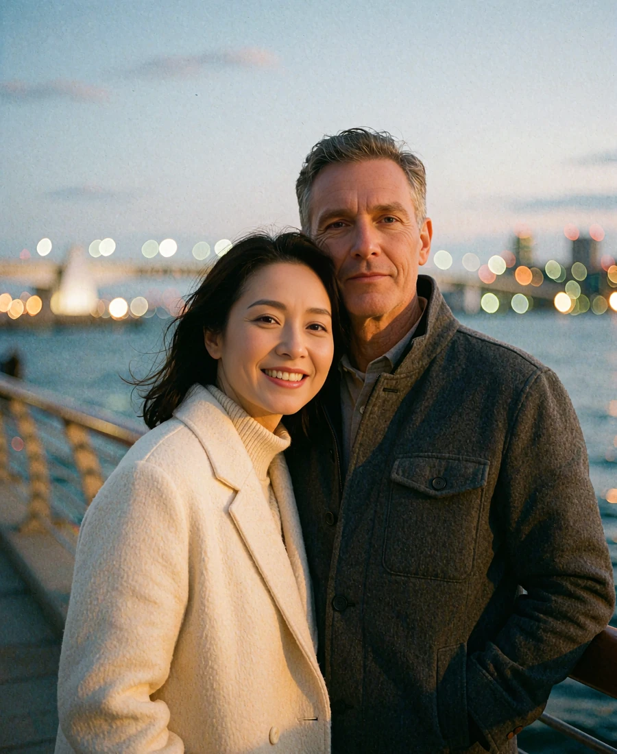 Taiwanese woman in an ivory coat leaning into her partner on a harbour walkway at dusk with distant bridge lights