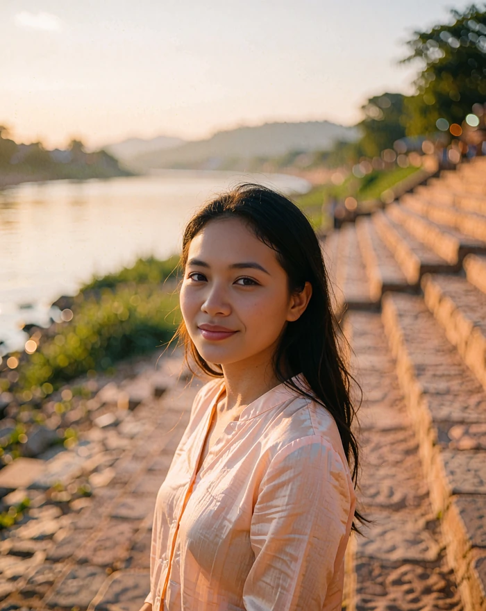 Laotian woman in a pale peach blouse smiling on wide riverside stone steps at golden hour