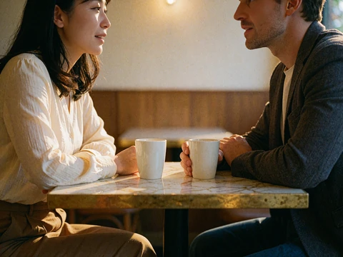 Asian woman and Western man seated across a small café table mid-conversation with two cups between them