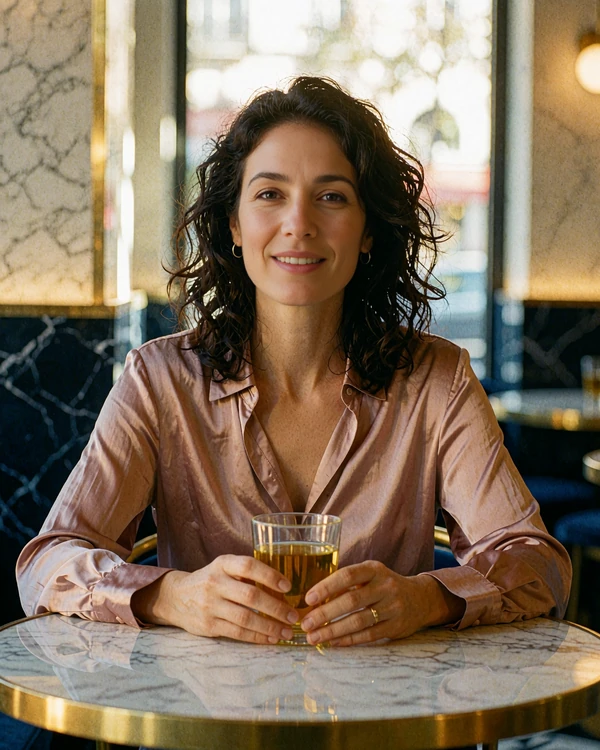 Uzbek woman in a dusty rose blouse smiling over tea at a marble café table in Tashkent