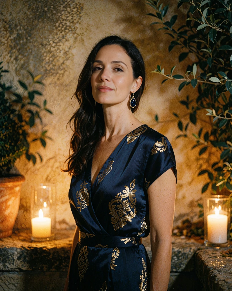 Indian woman in a midnight-blue dress with gold thread detail on a candlelit terrace