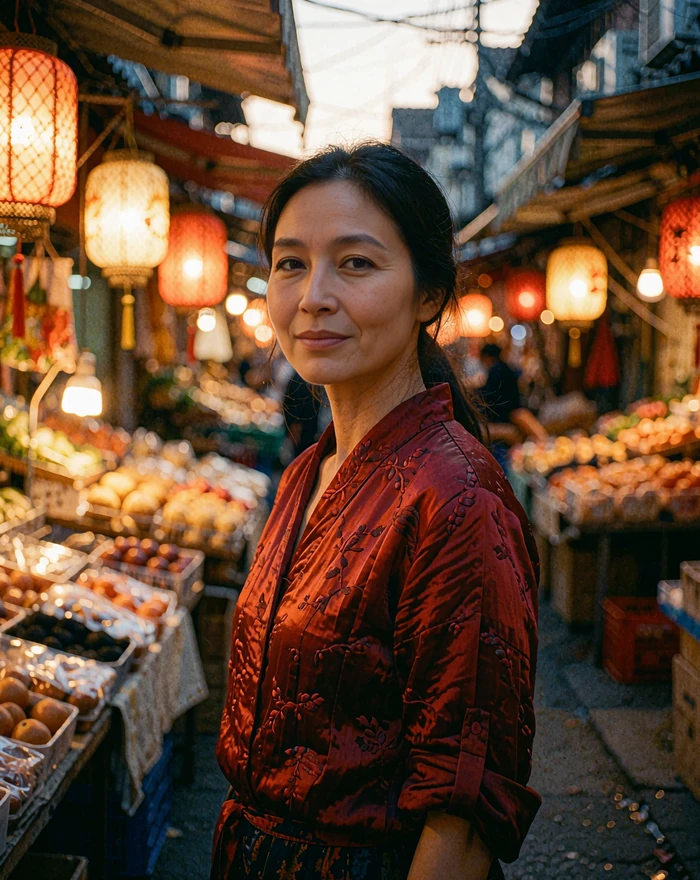 Laotian woman in a deep red silk top standing in a lantern-lit evening market lane