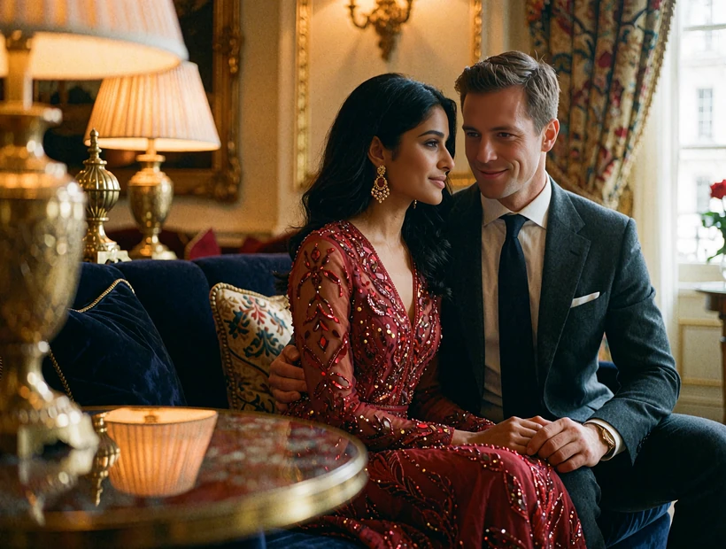 South Asian woman in a dark red outfit seated beside a Western man on a velvet sofa in a warm hotel lounge