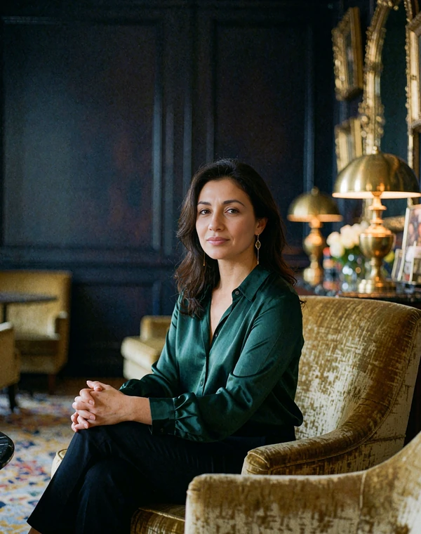 Armenian woman in an emerald silk blouse sitting on a velvet armchair in an upscale hotel lounge
