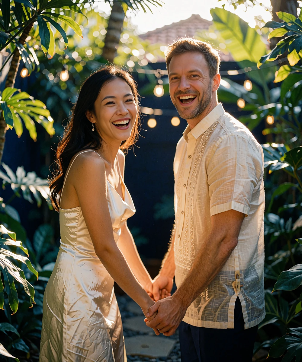 Filipina woman in an ivory dress holding hands with a Western man in a barong-style shirt in a tropical garden
