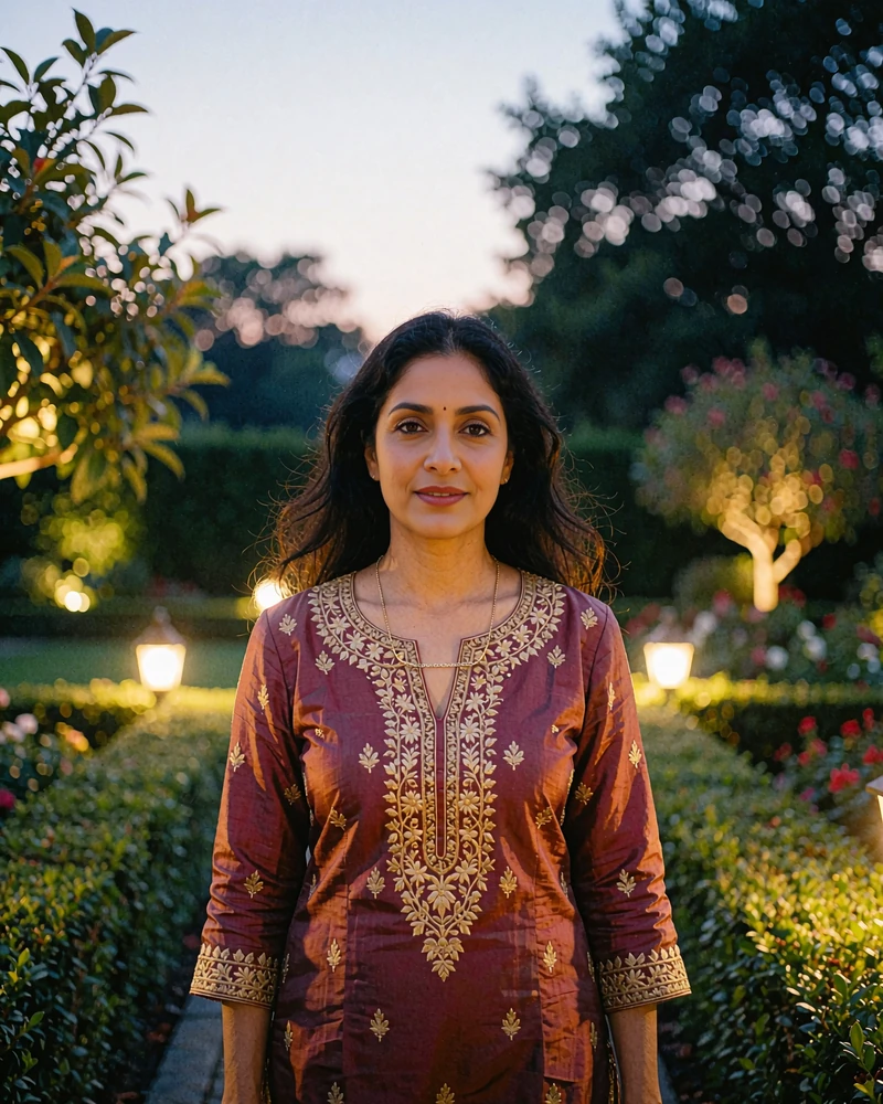Indian woman in a maroon embroidered kurta standing in a formal garden at dusk