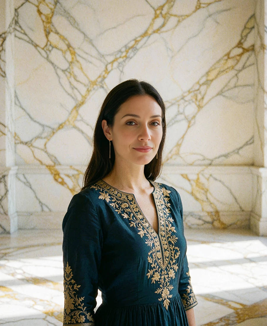 Poised Turkmen woman in a deep teal gold-embroidered dress standing in a bright marble hall in Ashgabat