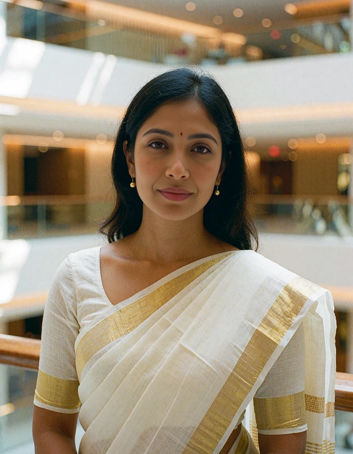 Sri Lankan woman in a crisp white saree with a fine gold border smiling in a warmly lit Colombo hotel atrium