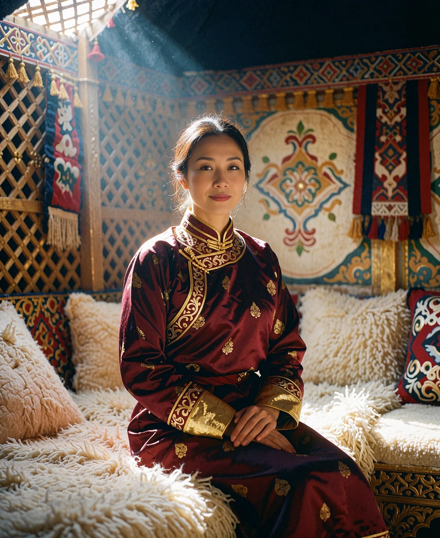 Mongolian woman in a burgundy silk deel seated on a carved wooden chest inside a traditional felt tent
