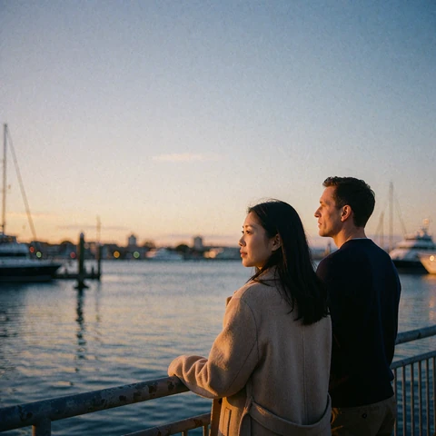 Couple seen from behind at a harbour railing looking out over calm water at dusk