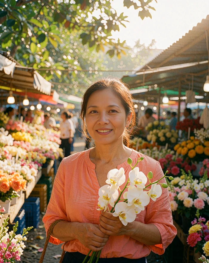 Thai woman in a coral blouse holding white orchids in a sunlit open-air flower market