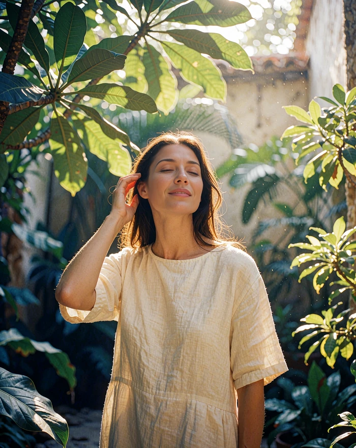 Thai woman in a cream linen dress standing in a tropical garden courtyard with soft morning light