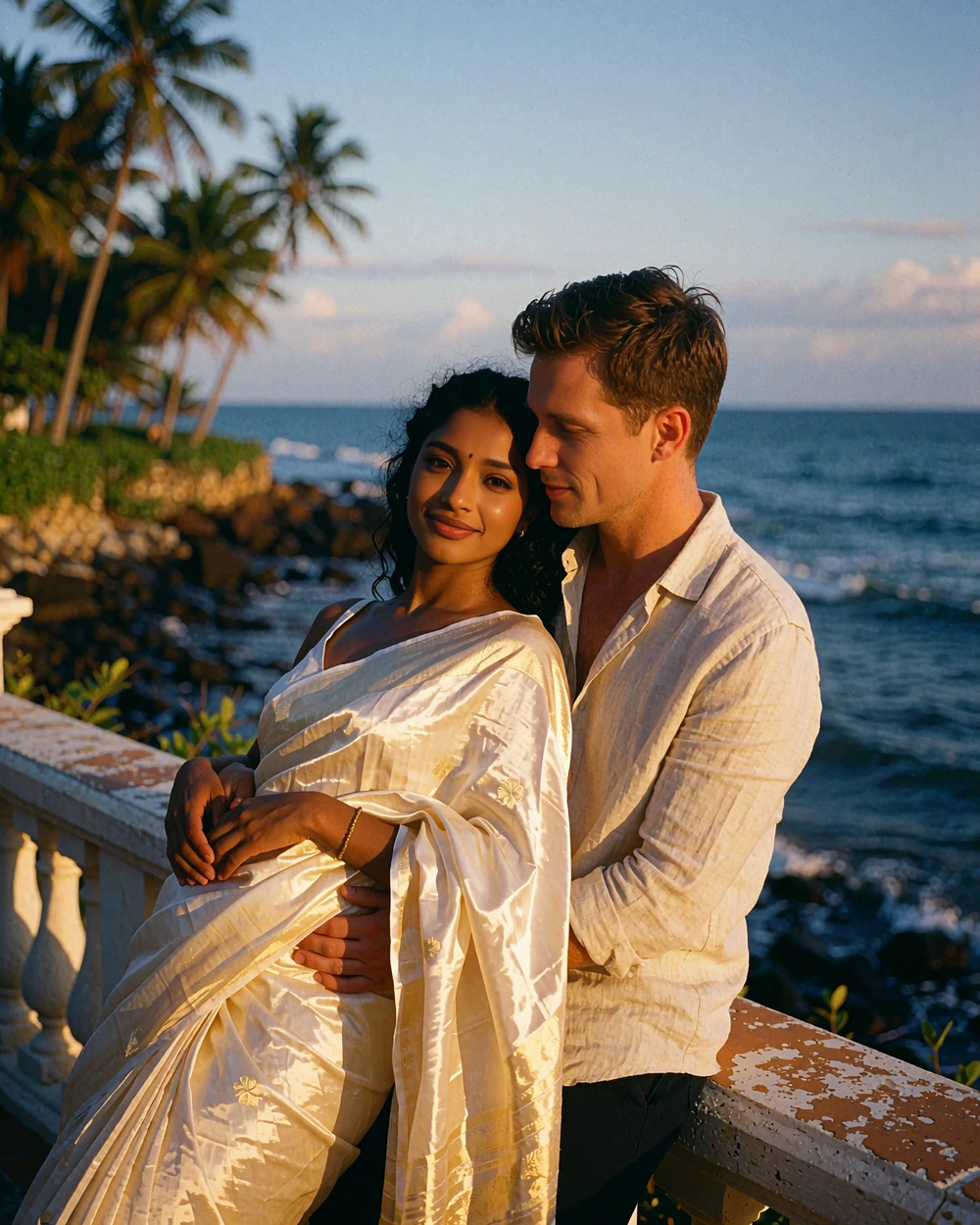 Sri Lankan woman in a light silk saree leaning against a Western man on a coastal terrace at dusk