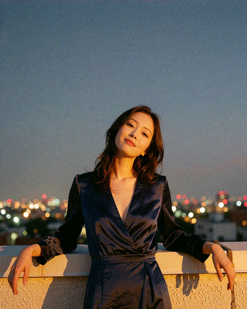Korean woman in a navy satin dress standing at a rooftop railing at dusk with a soft smile