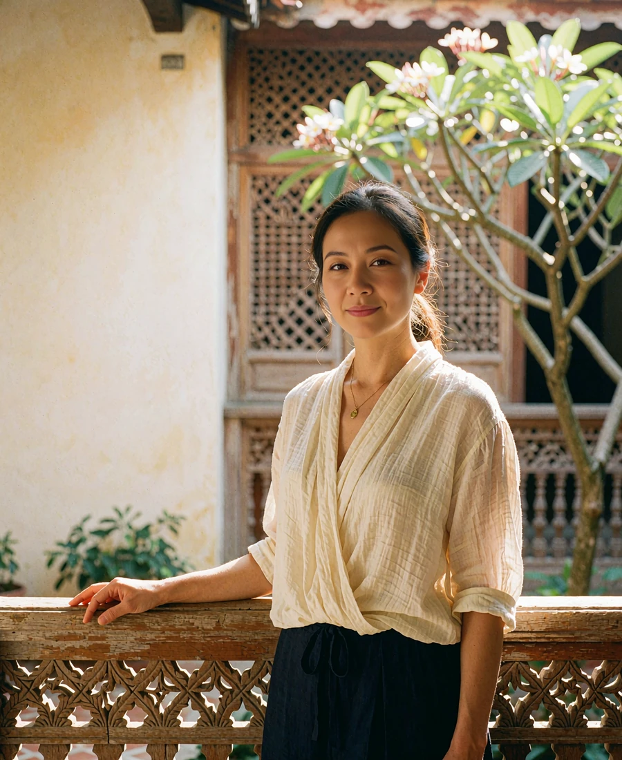 Graceful Malaysian woman in an ivory blouse standing beside a carved wooden balustrade in a sunlit heritage courtyard