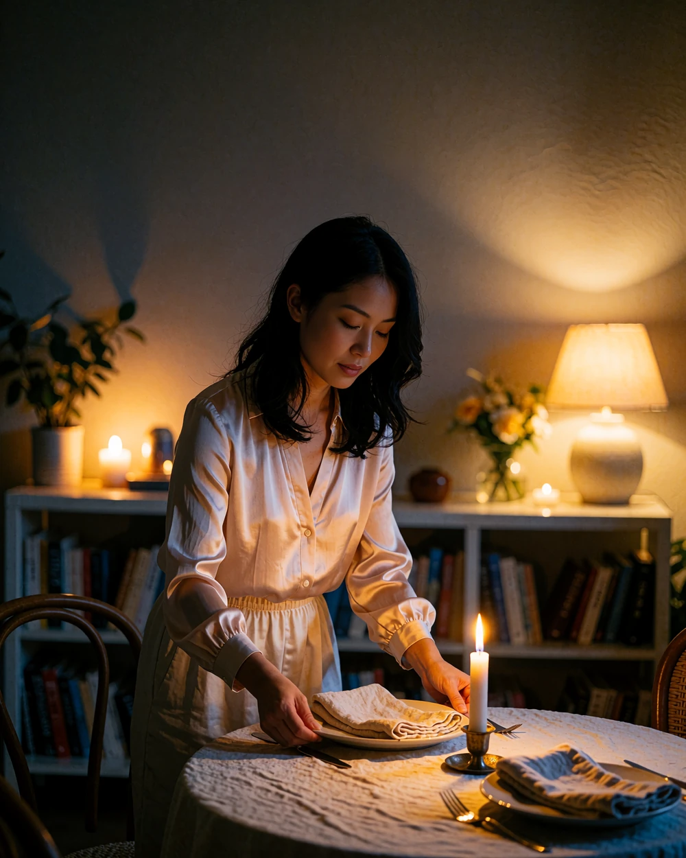 Asian woman in a blush silk blouse lighting a candle at a small table set for two in a warmly lit apartment at night