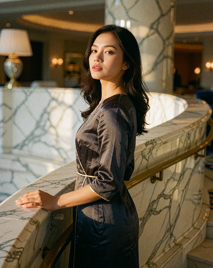 Myanmar woman in a charcoal silk dress with gold trim standing on a curved hotel staircase looking over her shoulder
