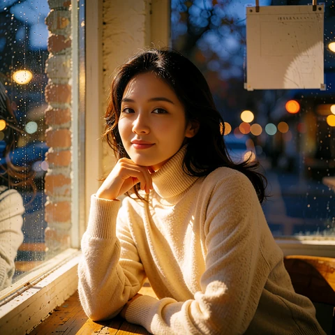 Stylish Korean woman in a beige turtleneck smiling warmly by a cafe window at dusk